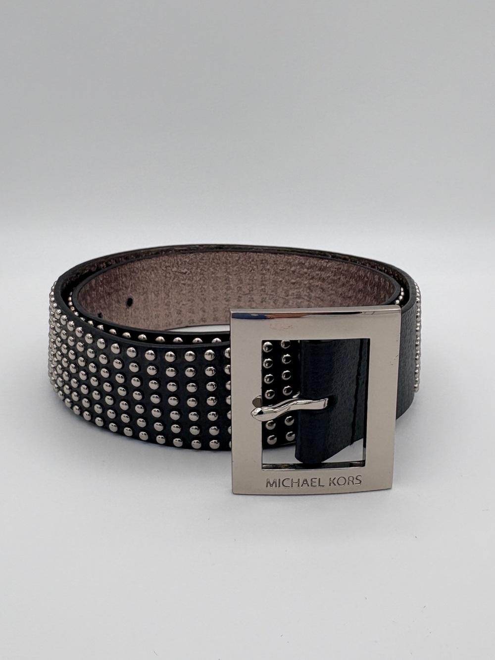 Michael Kors Black Studded Wide Belt Silver Square Logo Buckle Size Small 36.5"